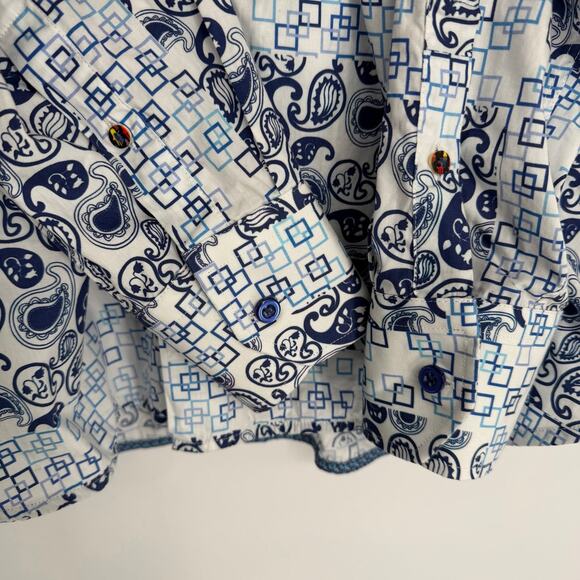 Luchiano Visconti Shirt Men's Medium Blue & White Paisley Geometric Print Luxury - Picture 5 of 11